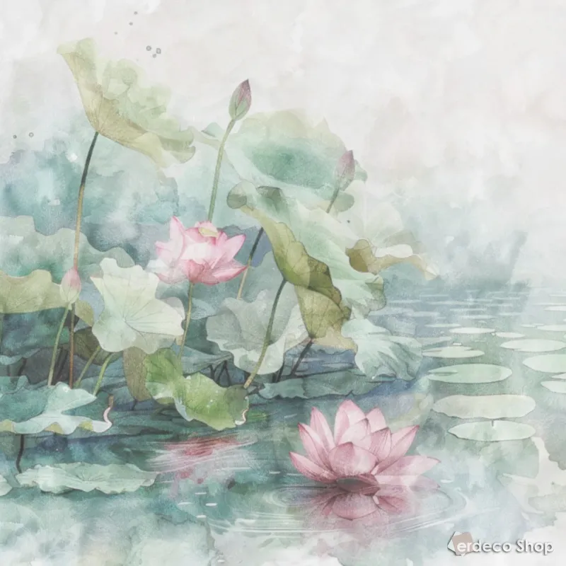 Trussardi 8 Z30367 wall panel: Pink water lilies and green leaves with a watercolor water scene.