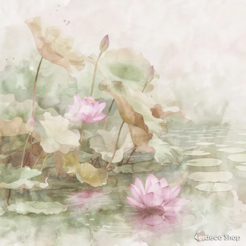 Panneau mural Trussardi Z30368: Nénuphars et feuilles aux tons sombres dans un paysage aquatique style aquarelle.