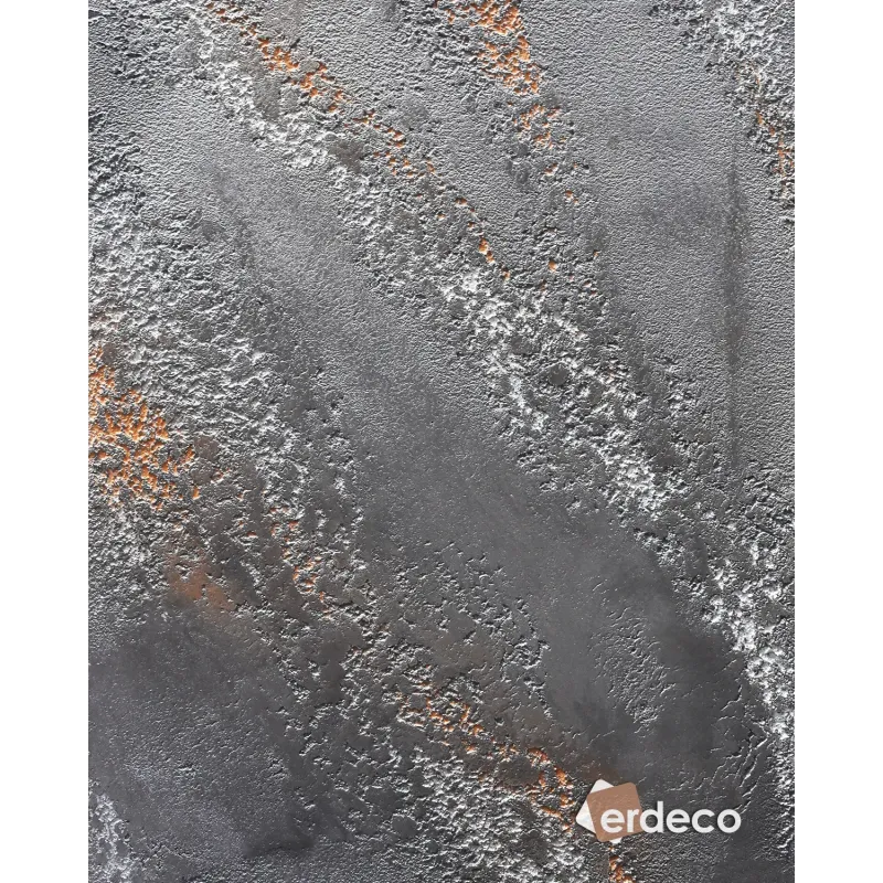 Dark gray background with prominent rust and white textured effects, an abstract and luxurious decorative wall design E108.